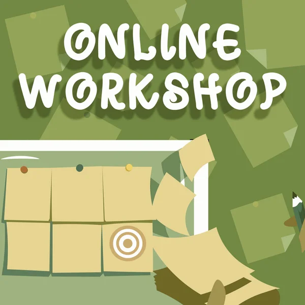 Κείμενο που δείχνει έμπνευση Online Workshop. Έννοια σημαίνει δείχνει τα αγαθά και τα εμπορεύματα πάνω από τις ηλεκτρονικές ιστοσελίδες Backdrop Παρουσιάζοντας Sticky Σημειώσεις Χέρια Γράφοντας Χαρτί Έχοντας θέσει στόχους. — Φωτογραφία Αρχείου