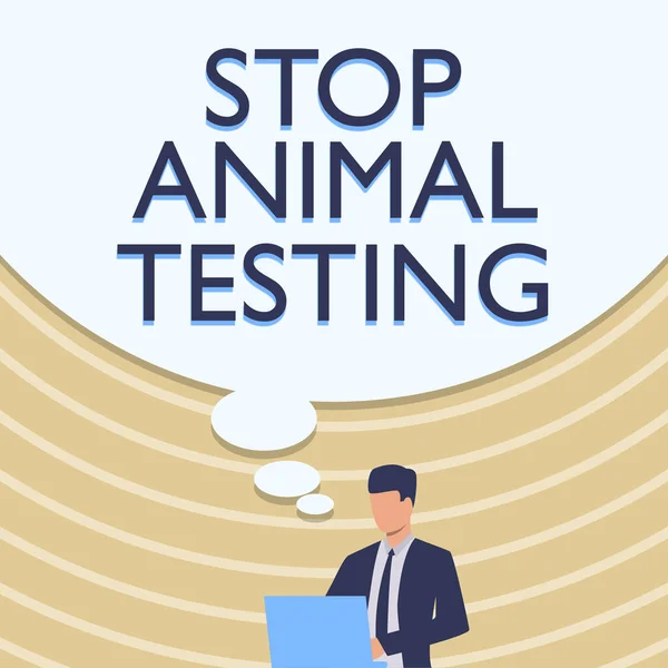 Bildunterschrift: Stop Animal Testing. Geschäftsidee wissenschaftliches Experiment, das lebende Tiere gezwungen unterziehen Businessman In Suit Zeichnung mit Laptop mit großer Ideenblase. — Stockfoto