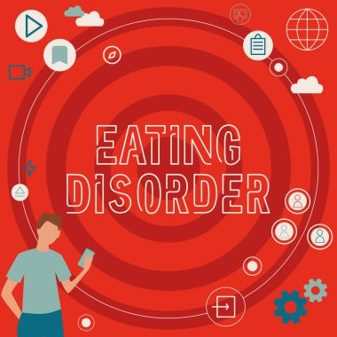 Yeme Bozukluğu sunan metin başlığı. Anormal ya da rahatsız yeme alışkanlıklarıyla karakterize edilen iş fikri İş adamı Yenilikçi Düşünce İstikrarlı Geleceğe Doğru Öncü Fikirler.