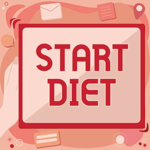 Inspiración mostrando signo Start Diet. Foto conceptual curso especial comida a la que la persona se restringe Resumen Eliminar el historial del navegador, la edición de la organización de archivos en línea. —  Fotos de Stock