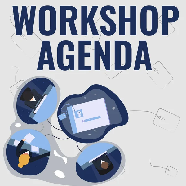 Text med presentation av Workshop Agenda. Begreppet mening Workshop Agenda Kollegor som har Office Meeting Sharing Thoughts Visar ny projektplan. — Stockfoto