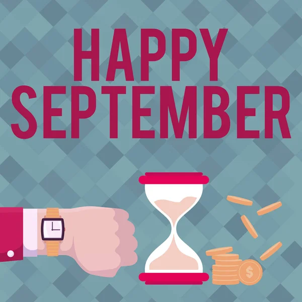Bildunterschrift: Happy September. Die Freude über den neunten Monat des Jahres kann sich herumsprechen: Geschäftsmann mit Armbanduhr zeigt Sanduhr an, die wertvolle Messwerte anzeigt. — Stockfoto