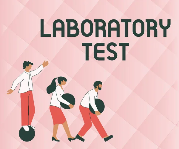 İlham Laboratuvarı Testi 'ni gösteren metin. "Kendi Ağırlık Küresini Bir araya getiren Grubun İllüstrasyonunda test edilen maddelerden tıbbi teşhisin saptanması" anlamına geliyor.. — Stok fotoğraf