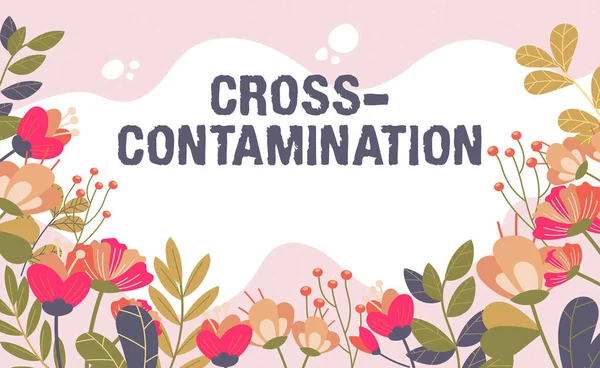 Концептуальне відображення Cross Contamination. Концепція що означає Ненавмисна передача бактерій з однієї речовини до іншої Текстова рамка Оточена різноманітними квітами Серця і листя . — стокове фото