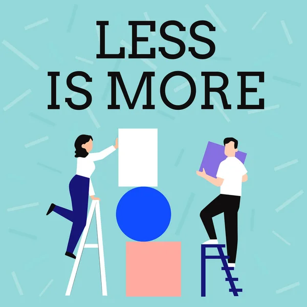 Il segno di testo che mostra Less Is More. Panoramica aziendale L'approccio minimalista alla materia artistica è più efficace Disegno di coppia utilizzando scale Posizionamento di grandi cornici vuote a parete. — Foto Stock