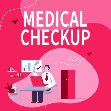 Tıbbi Kontrolü sunan metin başlığı. Sağlık durumunuzu test etmek için tıbbi muayenede yazılmış bir kelime. Masada oturan ve yeni teknolojileri sunan bir adam..