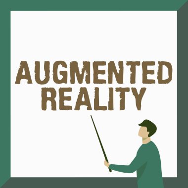 Gelişmiş gerçeklik ilhamını gösteren metin. Yeni Dersler Gösteren Gerçek Dünya Eğitmen Tutma Çubuğu Çizim Tahtası 'na bilgisayar görüntüsü empoze eden teknoloji kavramı.