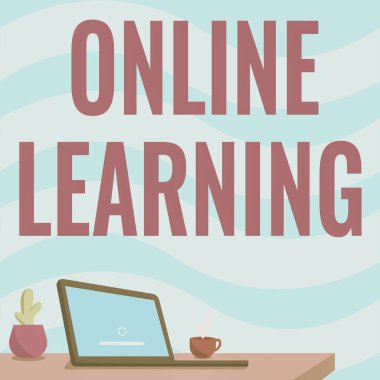 Esinlenmeyi gösteren metin çevrimiçi öğrenme. İnternet Ofisi Masası 'ndan Laptop Kalem Tutucu ve Açık ve Ayarlanmış Çizimlere dayanan iş genel görünümü eğitim aracı