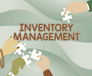 Envanter Yönetimini gösteren metin işareti. Sermayesiz varlıkların kavramsal fotoğraf denetimi ve hisse senedi ürünleri. Birbirine yardım eden Yapboz Parçalarının Elleri Tutuşunun İllüstrasyonu.