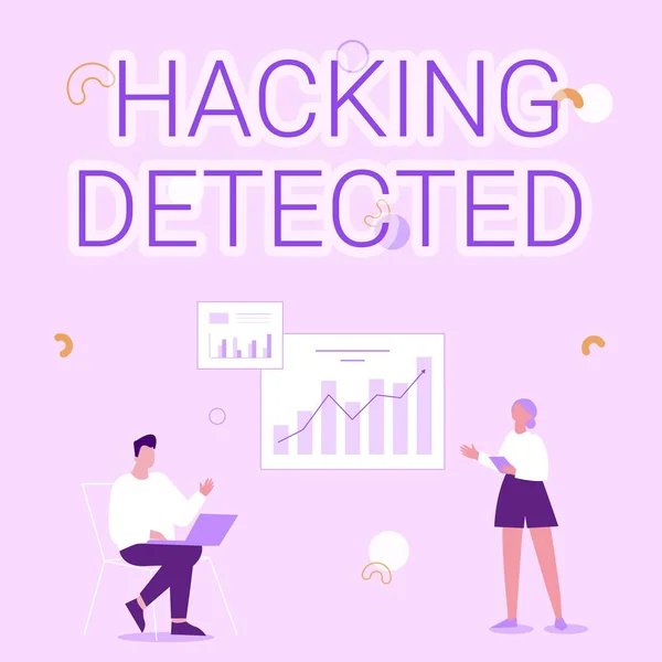 Hand writing sign Hacking Detected. Conceptual photo activities that seek to compromise affairs are exposed Man Using Laptop And Girl Standing Sharing Ideas For Improvement. — Stock Photo, Image