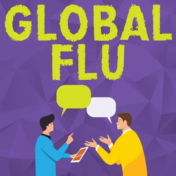 Fogalmi felirat: Global Influenza. Szó a közös fertőző betegség terjed szerte a világon gyorsan Két férfi Kollégák Álló Megosztása Gondolatok Együtt Beszédbuborékok — Stock Fotó