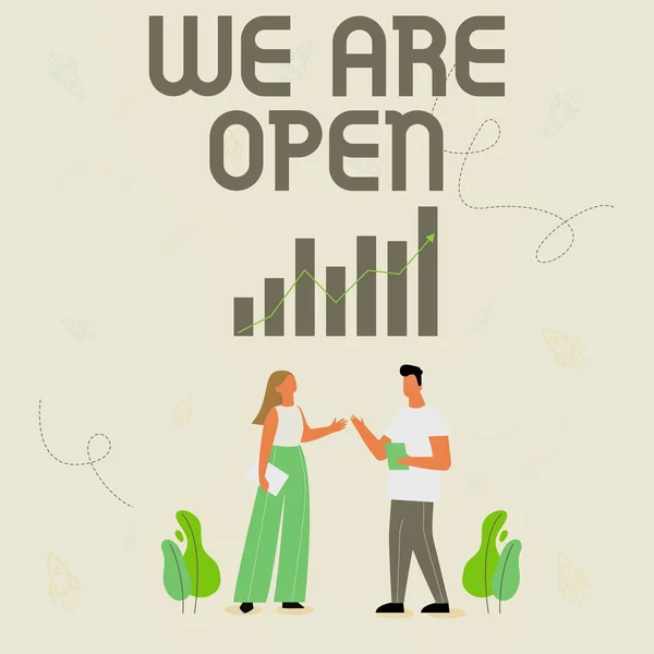 Текст, що демонструє натхнення We are Open. Слово про відсутність огорожі або обмеження бар'єру, доступне з усіх боків Ілюстрація партнерів Спільні чудові ідеї для майстерного вдосконалення. — стокове фото