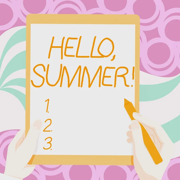 Inspiráció bemutató jel Hello, Summer. Business showcase greeting used when the hot season of the year is experienced Drawing Of Both Hands Holding Tablet Lightly Presenting Wonderful Ideas — Stock Fotó
