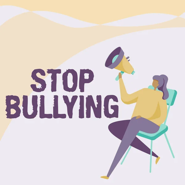 Signo de texto que muestra Stop Bullying. Foto conceptual expresando su campaña contra la violencia hacia las víctimas Dibujo de la mujer sosteniendo el megáfono sentado en una silla Piernas cruzadas. — Foto de Stock