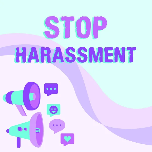 Szöveg megjelenítése Stop Zaklatás. Koncepcionális fotó Megakadályozza az agresszív nyomást vagy megfélemlítést másoknak Pár Megafon Rajz Bejelentés a Chat Cloud-ban. — Stock Fotó