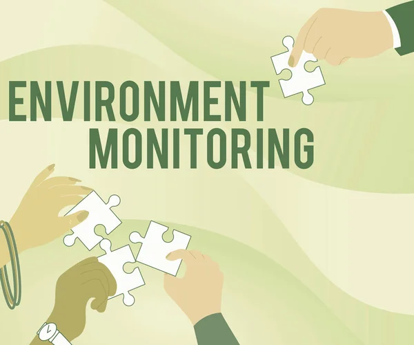 Handschrift Milieumonitoring. Business idee basis van de productie van natuurlijke impact assessments Illustratie van handen vasthouden Puzzelstukjes Helpen elkaar. — Stockfoto