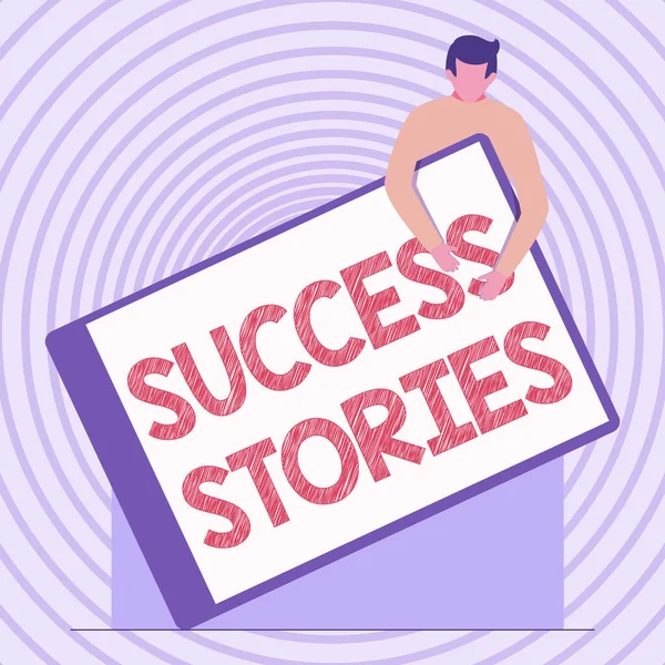 Text sign showing Success Stories. Word Written on a chronicle displaying great success achieved by a person Gentleman Drawing Holding A Huge Blank Clipboard. — Stock Photo, Image