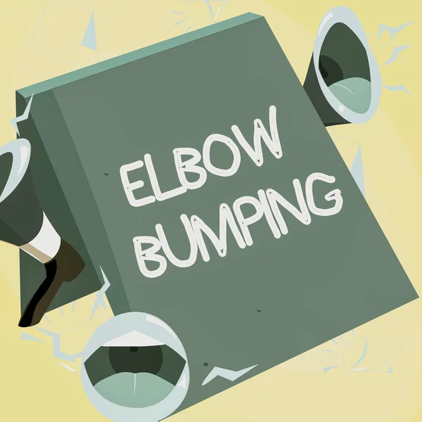 Κείμενο που δείχνει έμπνευση Elbow Bumping. Επιχειρηματική ιδέα πρόσφατα trended χειραψία όπου δύο ατομικές αγκώνες αφής Χείλη Megaphones Δυνατά Κάνοντας Νέα Ανακοίνωση στο κοινό. — Φωτογραφία Αρχείου