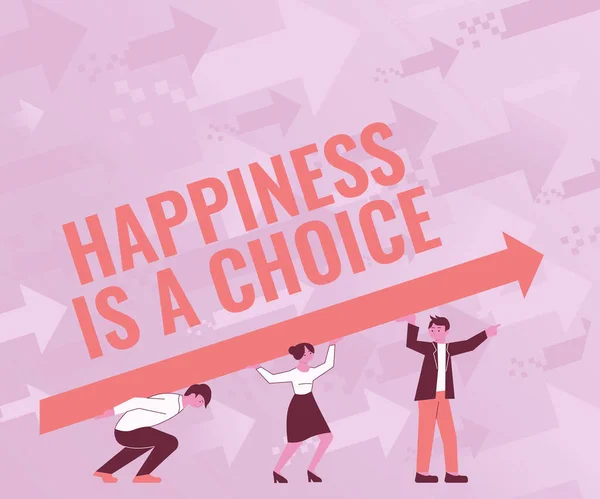 Концептуальная надпись "Счастье - это выбор". Бизнес-подход Оставайтесь счастливыми независимо от того, что вдохновил мотивированных четырех коллег рисовать стоя держа большую стрелу для успеха. — стоковое фото