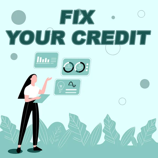Znak tekstowy pokazujący Fix Your Credit. Koncepcja oznacza poprawić lub zwiększyć rating lub wynik, aby uzyskać pożyczkę pieniężną lub hipotekę Ilustracja Girl Sharing Ideas for Skill Dyskusja Strategie pracy. — Zdjęcie stockowe