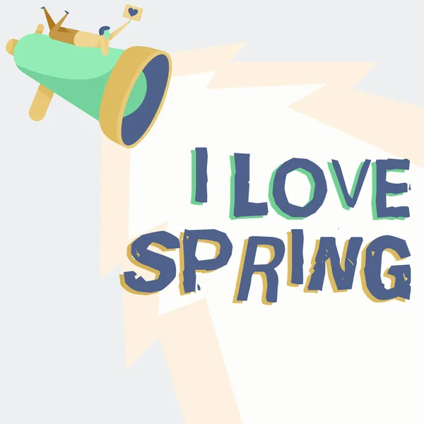 Handwriting text I Love Spring. Business concept telling why having a strong affection to this season Man Drawing On Megaphone Producing Lighting Making Lovely Message. — Stock Photo, Image
