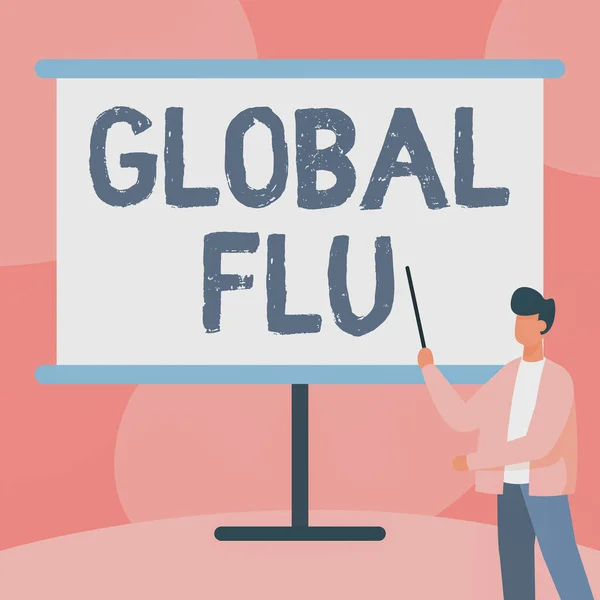 手書き署名｜Global Flu。ビジネスの概要世界中で急速に普及している一般的な通信可能な病気ジャケットで教師ホワイトボードで立ち位置スティックを描く. — ストック写真