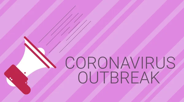 Pantalla conceptual Brote de Coronavirus. Palabra escrita sobre enfermedades infecciosas causadas por el recién descubierto COVID19 Ilustración de un megáfono haciendo anuncio importante rápido. — Foto de Stock