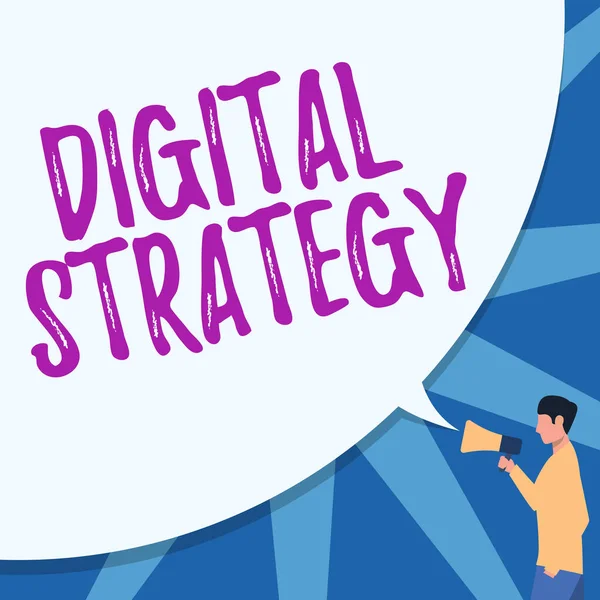 디지털 전략 (Digital Strategy) 은 대한민국의 모델이다. 컨셉 포토는 비즈니스 성능 향상을 위해 기술을 사용하는 것에 초점을 맞추고 있습니다 . Man Drawing Hand In Pocket Holding Megaphone With Large Speech Bubble. — 스톡 사진