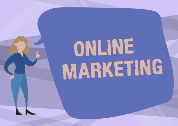 Χειρόγραφο κείμενο Online Marketing. Internet Concept πρακτική της μόχλευσης των διαδικτυακών καναλιών για να διαδώσει ένα μήνυμα Εικονογράφηση της γυναίκας που μιλάει στο Chat Cloud Συζητώντας Ιδέες. — Φωτογραφία Αρχείου