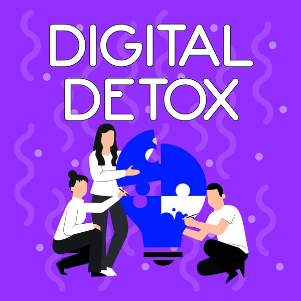 Signo de texto que muestra desintoxicación digital. Enfoque empresarial Prohibición del uso de dispositivos electrónicos y digitales Dibujo del empleado Ayudándose mutuamente Construcción Bombilla Jigsaw Puzzle. — Foto de Stock