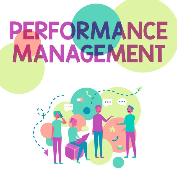 Hand writing sign Performance Management. Concept meaning ongoing process of communication that occurs all year Four Colleagues Illustration Having Conversations Brainstorming New Ideas. — Stock Photo, Image