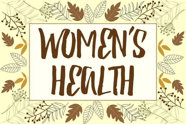 Kézírás szöveg Womens Health. Üzleti áttekintés az egészséggel kapcsolatos betegségek kezelése és diagnózisa Szöveg keret Válogatott virágokkal körülvéve Szívek és levelek. — Stock Fotó