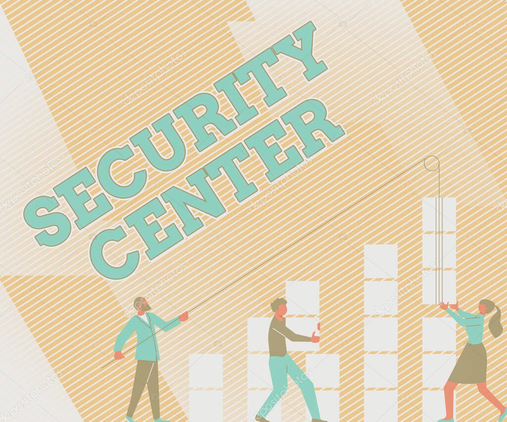 Sign displaying Security Center. Word for centralized unit that deals with security issues of company Illustration Of Partners Building New Wonderful Ideas For Skills Improvement.