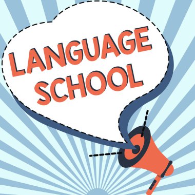 El yazısı Dil Okulu. Yabancı dillere odaklanan işletme yaklaşımı Yeni Duyurular Yapan Gürültülü Megafon Sözcüsünün İllüsü