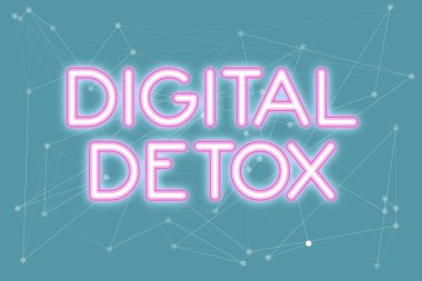 El yazısı metni Dijital Detox. Elektronik ve dijital aygıtların kullanımının yasaklanması anlamına gelen kavram Çeşitli Şekiller ve Renklerle Çizilmiş Arkaplan.