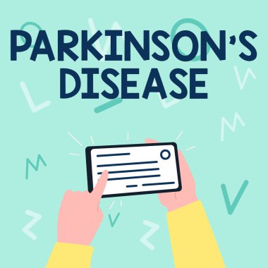 Parkinson Hastalığı 'nı gösteren bir tabela. Kronik ilerleyen nörolojik hastalıklar üzerine yazılan el ele tutuşmanın önemli kimlik kartı tanımı..