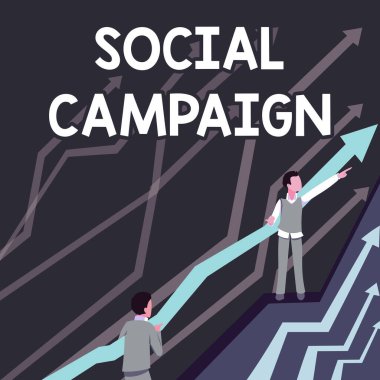 El yazısı Sosyal Kampanyası. İş dünyası gösterisi, marka farkındalığını artırmak için sosyal medya platformunu kullanıyor. Daha İyi Finansal Plan İçin İşbirlikçi İki İşadamına Kılavuz Oklar.