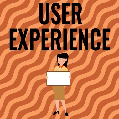 El yazısı metin kullanıcı deneyimi. Yeni bir duyuru sunan Beyaz Tahta Duran Güzel Kadın ürününü kullanan bir kişinin genel deneyimi..