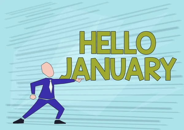 Handschriftlicher Text Hallo Januar. Grußwort zur Begrüßung des 1. Monats des Jahres Man In Suit Drawing Pointing Forward Show Leadership. — Stockfoto