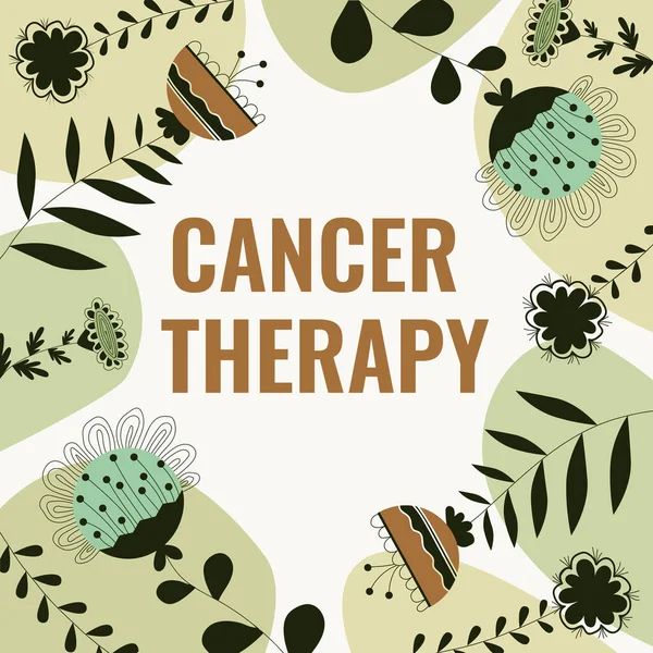 Ручной знак "Лечение рака". Слово, написанное о лечении рака у пациента часто с помощью химиотерапии Текстовая рамка, окруженная разноцветными сердцами и листьями. — стоковое фото