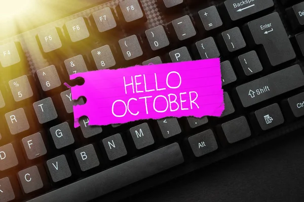 Inspiración mostrando signo Hola Octubre. Concepto significa saludo utilizado al dar la bienvenida al décimo mes del año Resumen Proceso de registro en línea, Escribir información personal — Foto de Stock