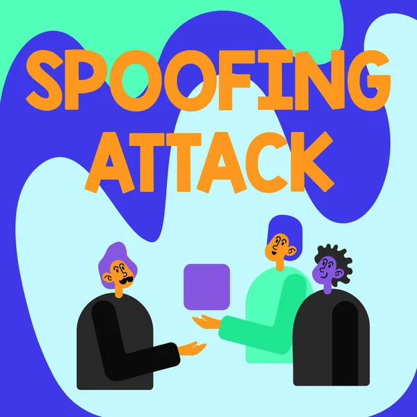 Inspiration showing sign Spoofing Attack. Business approach impersonation of a user, device or client on the Internet Colleagues Displaying Cube Representing Teamwork Discussing Future Project. — Stock Photo, Image