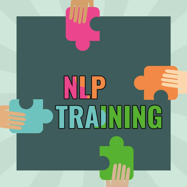 Text sign showing Nlp Training. Business concept words have power approach includes seminar, coaching, training, and advice Illustration Of Hands Holding Puzzle Pieces Each Sides Of Box. — Stock Photo, Image