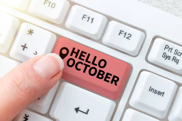 Tekst bijschrift met Hallo Oktober. Business showcase begroeting gebruikt bij het verwelkomen van de 10e maand van het jaar Hertypen Download Geschiedenis Bestanden, Typen Online Registratieformulieren — Stockfoto