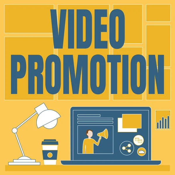 Hand writing sign Video Promotion. Conceptual photo a video or short film that promotes or advertises something Laptop On A Table Beside Coffee Mug And Desk Lamp Showing Work Process.