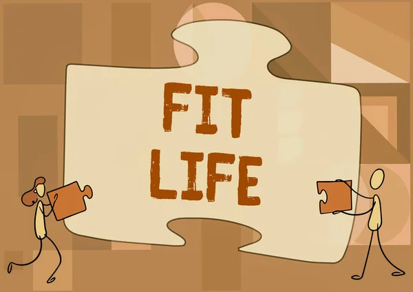 ［Fit Life］を表示します。健康的な食事と運動で健康的な体重を維持するビジネスアイデア健康的な生活の同僚ジグソーパズルの2枚を一緒に描くチームワーク. — ストック写真