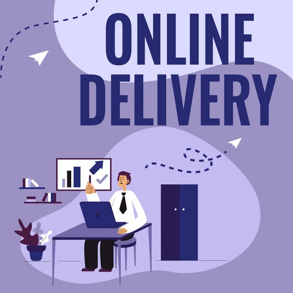 Online Delivery 에서 제공되었다. 비지니스 쇼 케이스나 어떤 것을 배달하는 방법을 보여 주는 남자는 책상에 앉아서 일하고 새로운 기술을 제공 한다. — 스톡 사진