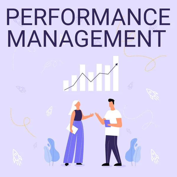Hand writing sign Performance Management. Word Written on ongoing process of communication that occurs all year Illustration Of Partners Sharing Wonderful Ideas For Skill Improvement. — Stock Photo, Image