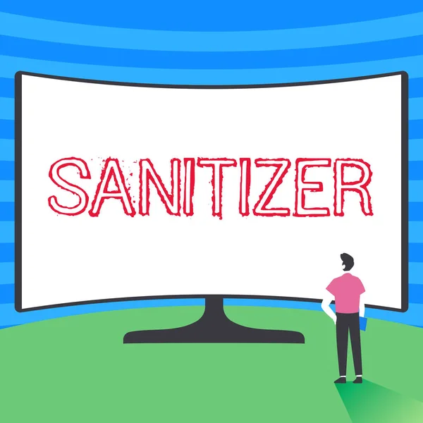 Text bildtext som presenterar Sanitizer. Konceptuell foto vätska eller gel används i allmänhet för att minska smittämnen Man stående Illustration Stående Infront of Enorm Display Skärm. — Stockfoto