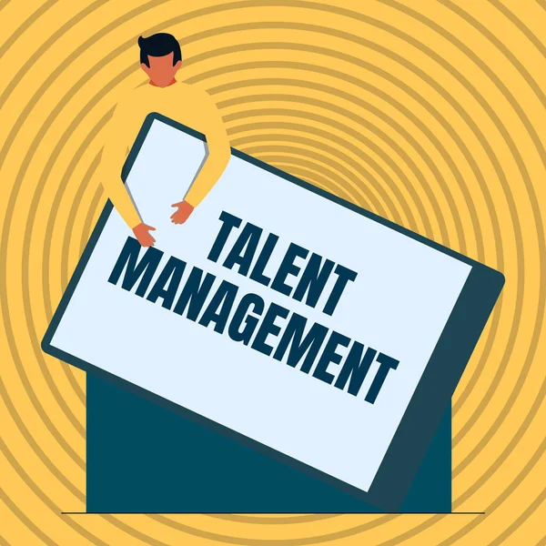 Hand writing sign Talent Management. Business approach develop the most talented superior employees available Gentleman Drawing Holding A Huge Blank Clipboard.